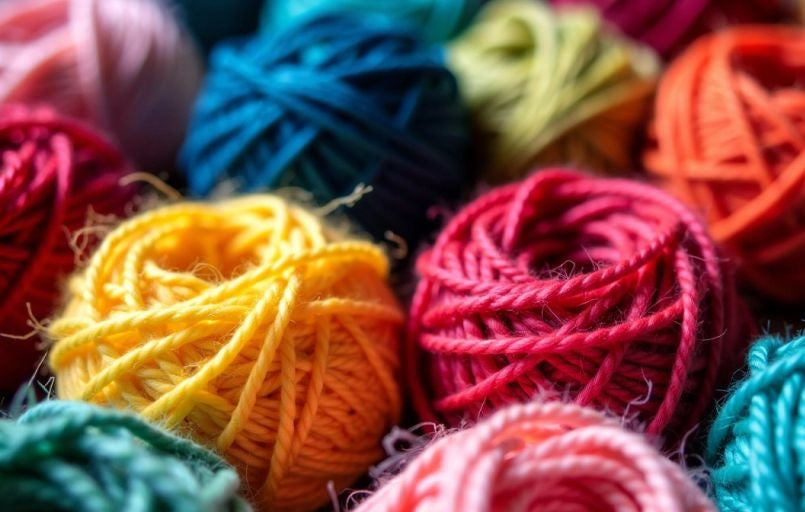 Close-up of colorful yarn used for handmade Labubu outfits, showing soft textures and pastel tones used in Labubu clothing production.