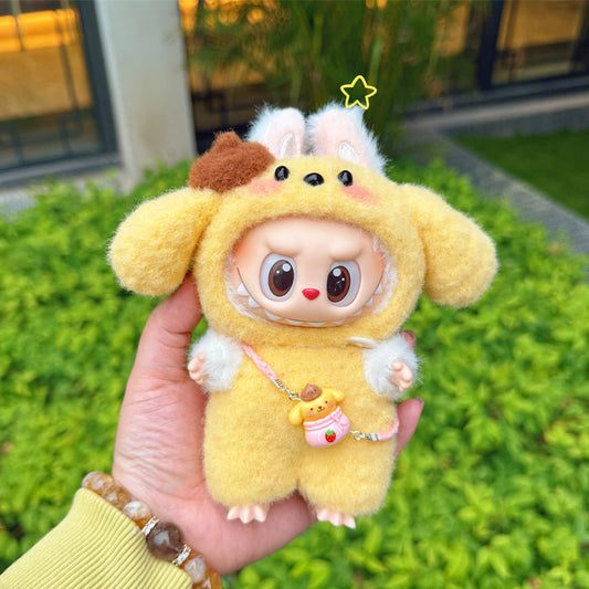 Labubu doll wearing a handmade Pompompurin outfit with yellow fleece and floppy ear hood