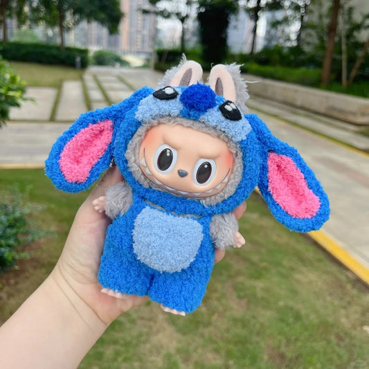 Labubu doll wearing a handmade Stitch outfit with blue fleece, floppy alien ears and embroidered face