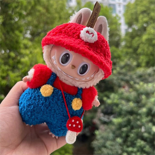 Labubu doll in a handmade Super Mario outfit with red and blue fleece and plush cap hood